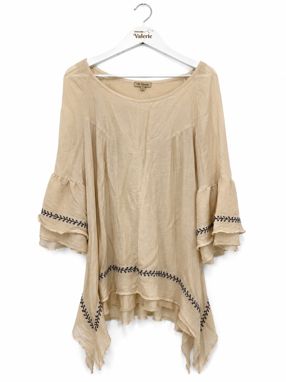 Oh Gussie Beige Tan Ruffle Sleeve Boho Ruffle Asymmetrical Top Blouse Size XL